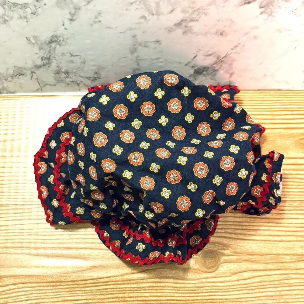 Vintage Children’s Navy Blue and Red Floral Pioneer Prairie Bonnet Hat